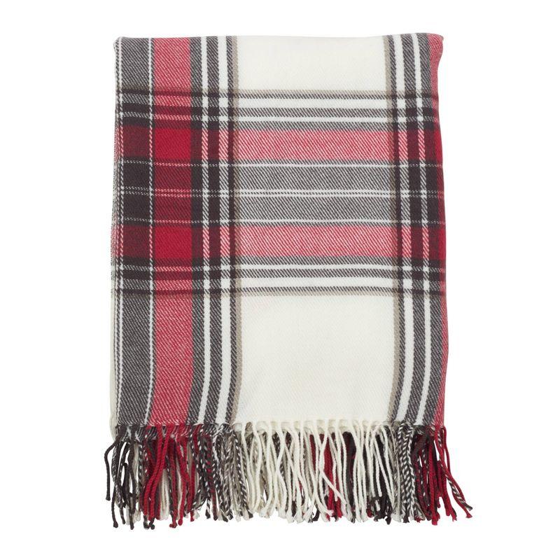 Red and White Plaid Acrylic Throw Blanket with Fringe