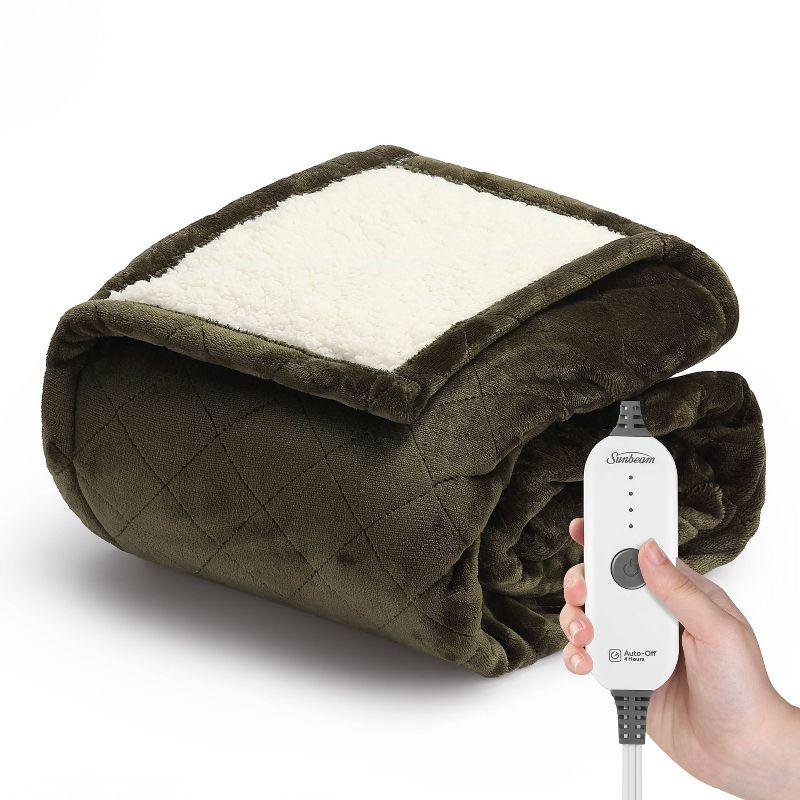 Sunbeam 50" x 60" Quilted Nordic Velvet Reverse Shearling Heated Throw Electric Blanket Olive: Lightweight, Machine Washable
