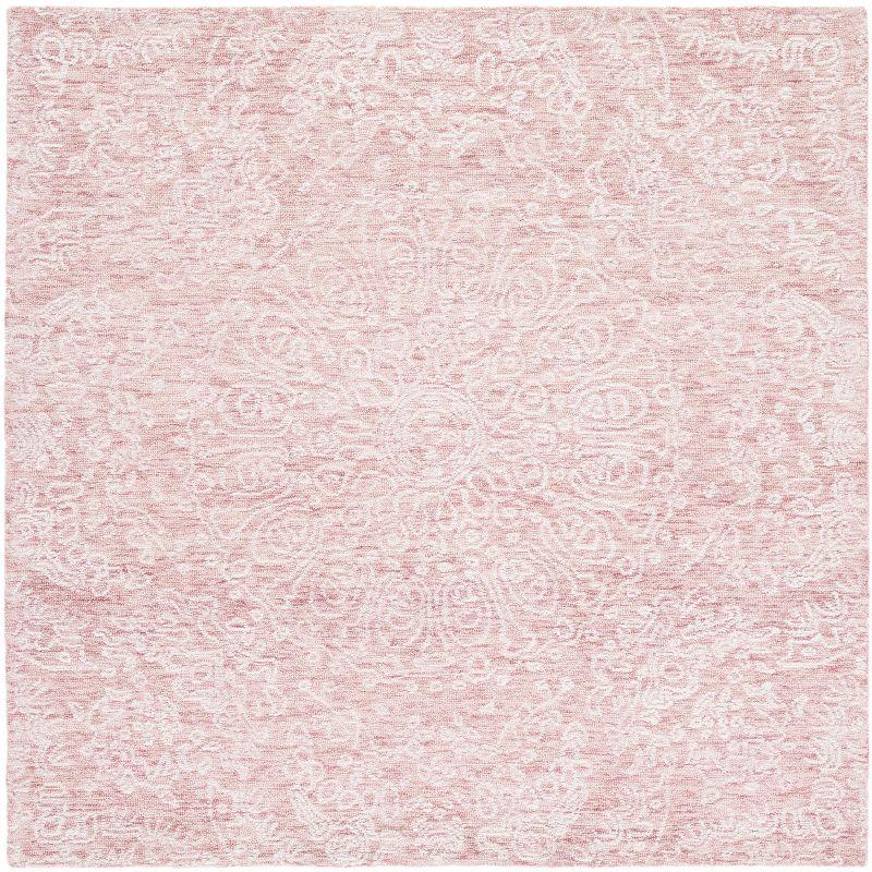 Ivory and Pink Floral Hand-Tufted Wool Square Rug