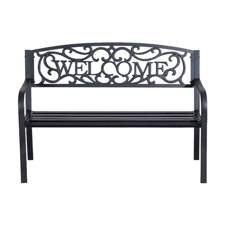 Outsunny 50" Outdoor Metal Welcome Bench, Powder Coated Cast Iron Sign & Steel Frame, 2 Person Bench with Antique Vine Motifs & Slatted Seat, Black