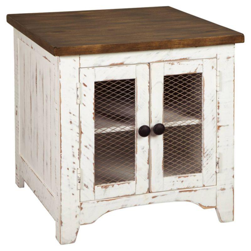 Wystfield End Table White/Brown - Signature Design by Ashley: Modern Style with Storage, Wood Legs & Double Doors