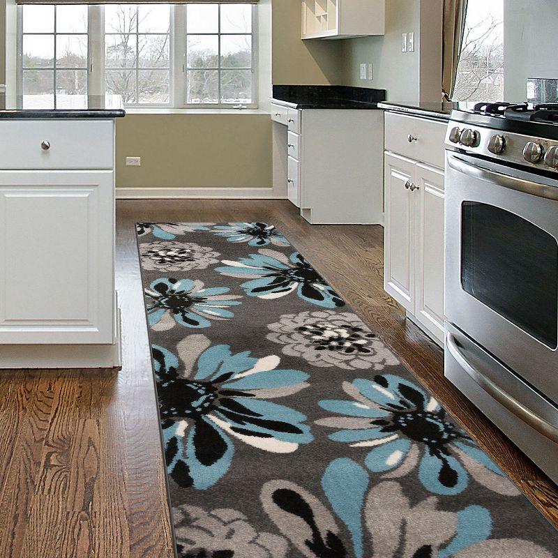 World Rug Gallery Contemporary Modern Flowers Area Rug - Blue 2'x10':  Stain-Resistant Runner,  Low Pile,  Floral Pattern