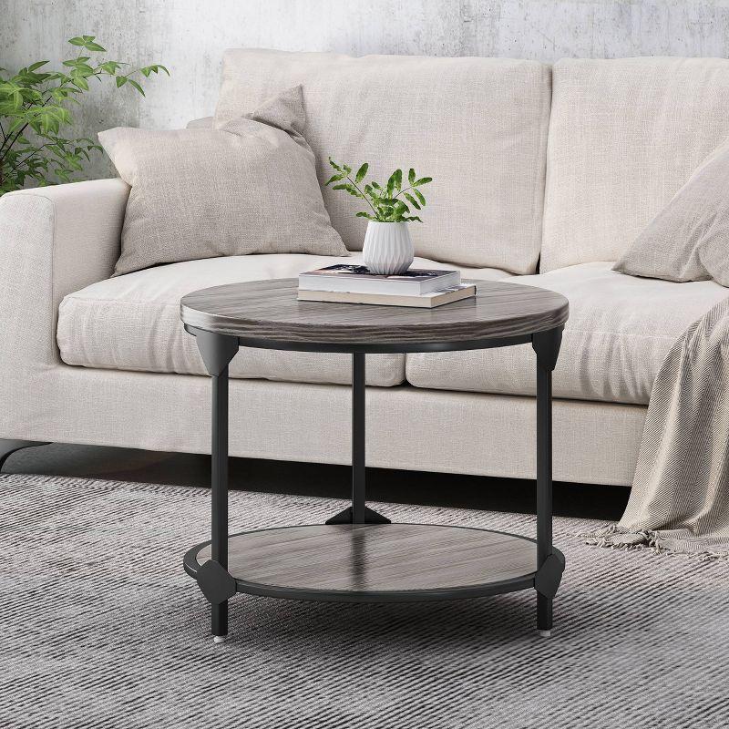 Gray and Black Round Wood and Metal Coffee Table