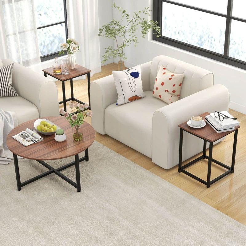 Costway 3 PCS Coffee Table Set Round Coffee Table and 2PCS Square End Tables Metal Frame White/Gray/Walnut