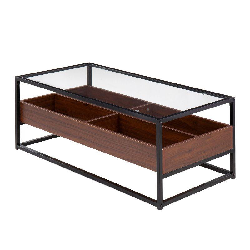 Contemporary Black Steel and Walnut Wood Coffee Table with Clear Glass Top