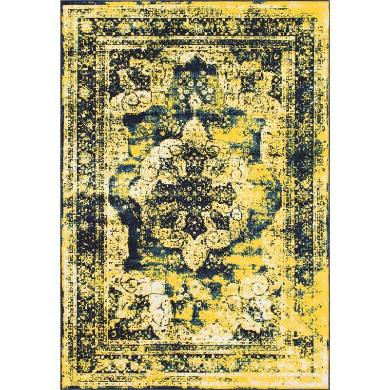 Reversible Navy Blue and Yellow Synthetic Area Rug 4'x6'