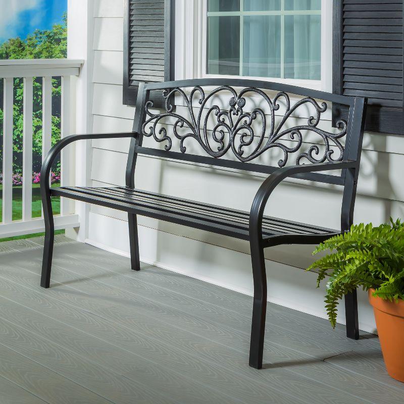 Evergreen Blooming Garden Metal Bench, Black