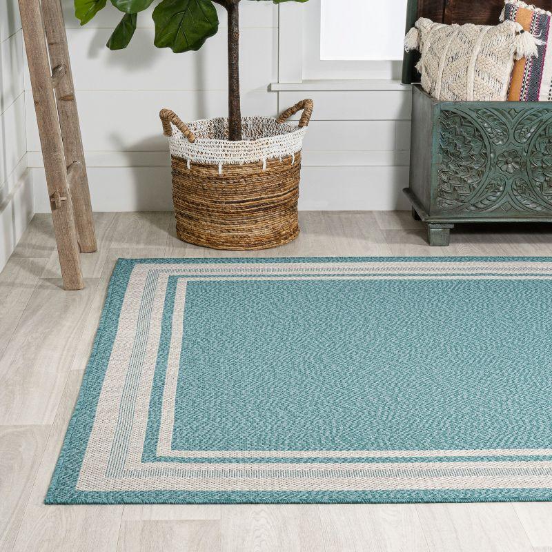 5' x 8' James Modern Border Stripe Indoor/Outdoor Area Rug, Aqua/Beige - JONATHAN Y
