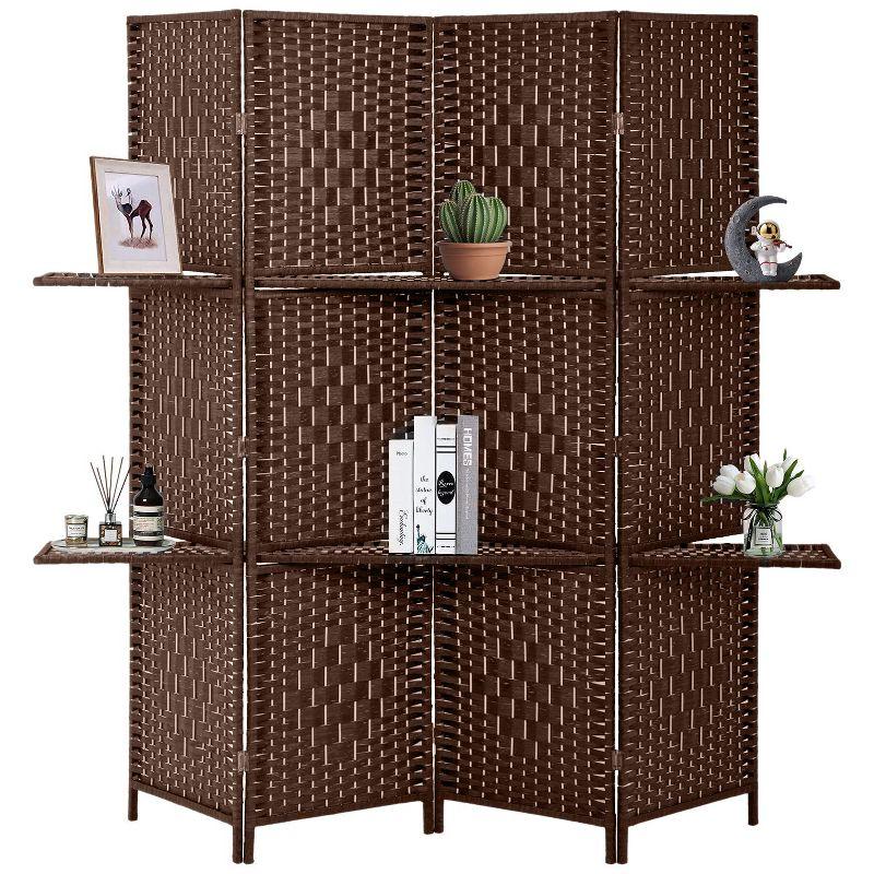 FDW Versatile 4 Panel Folding Room Divider Screen Divider Wooden Screen Folding Portable Partition with Built-in Shelves Stylish, Brown