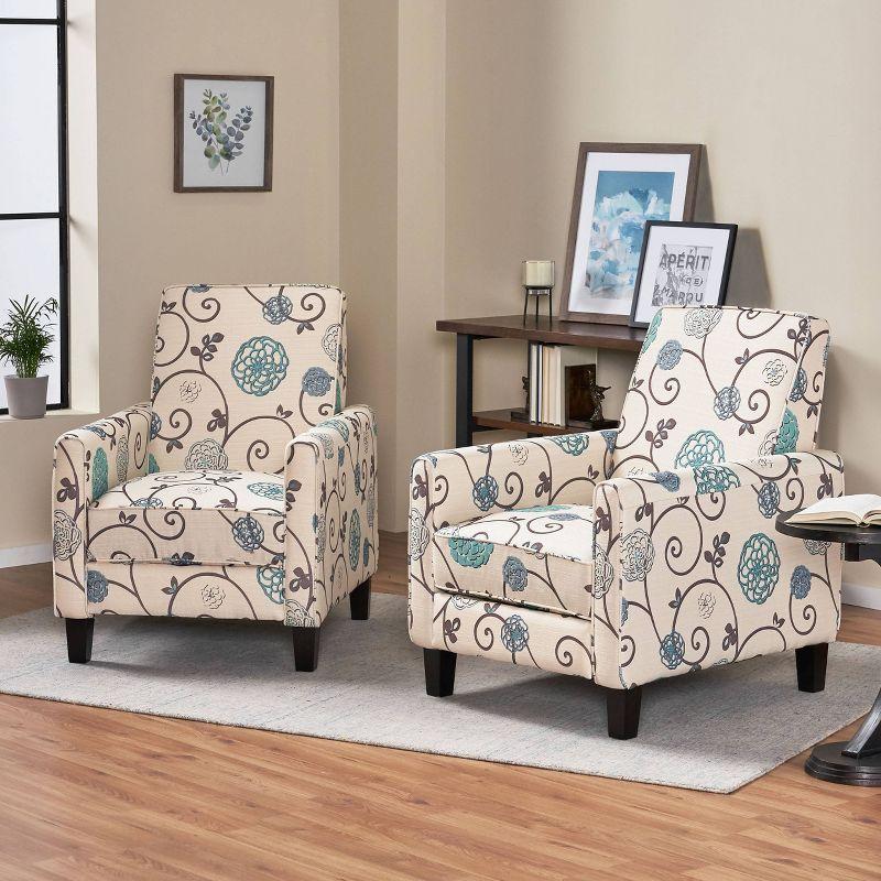 Light Beige and Blue Floral Fabric Recliner Set with Dark Brown Legs