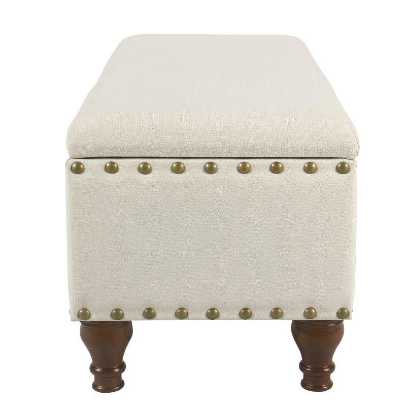 Walnut Finish Cream Linen-Like Large Storage Bench with Nailhead Trim