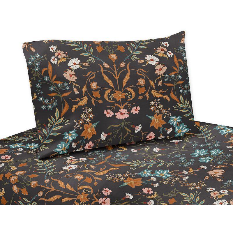 Boho Floral Wildflower Black and Orange Queen Microfiber Sheet Set