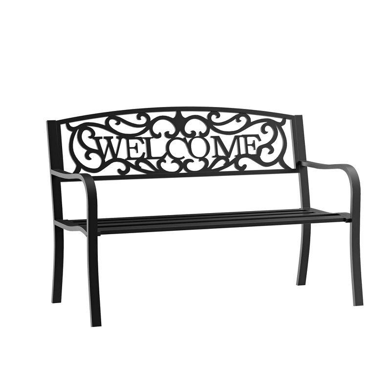 Black 50" Outdoor Metal Welcome Bench with Vine Motifs