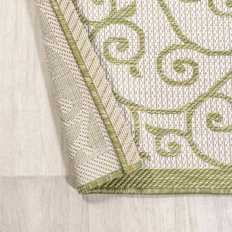 2' x 10' Madrid Vintage Filigree Textured Weave Indoor/Outdoor Runner Rug, Green/Cream - JONATHAN Y