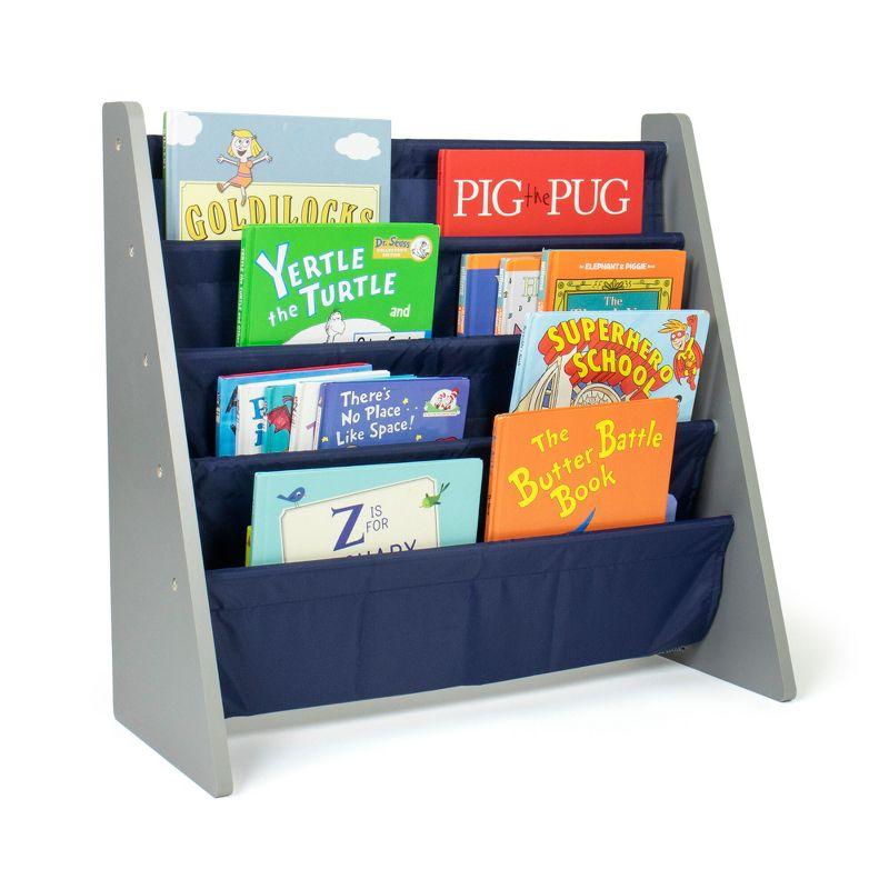 Gray and Navy 4-Tier Kids' Book Rack with Fabric Pockets