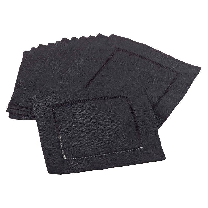 Black Hemstitched Cotton Linen Cocktail Napkins Set of 12