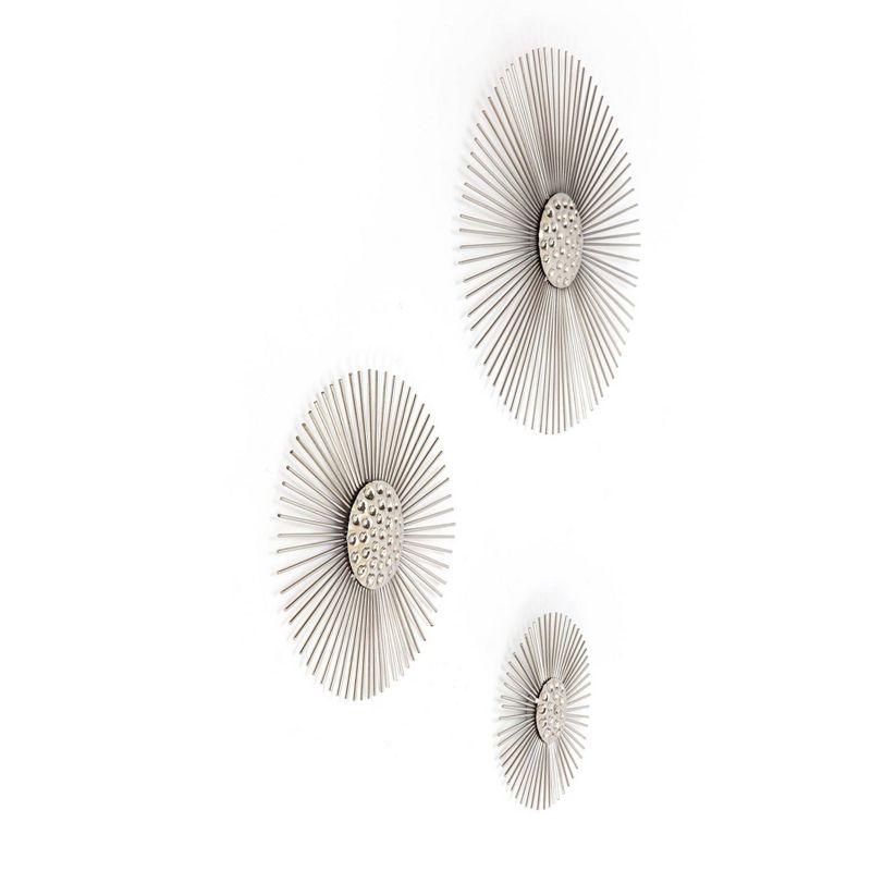 Brewster (Set of 3) Sola Silver Starburst Metal Wall Arts: Iron Sunburst Medallions, Modern Decor