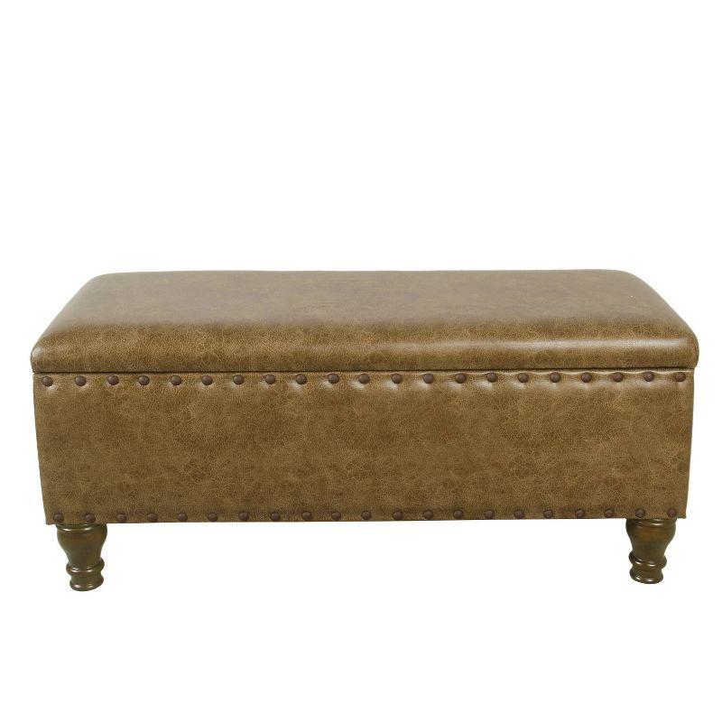 Distressed Brown Faux Leather Classic Storage Bench with Nailhead Trim