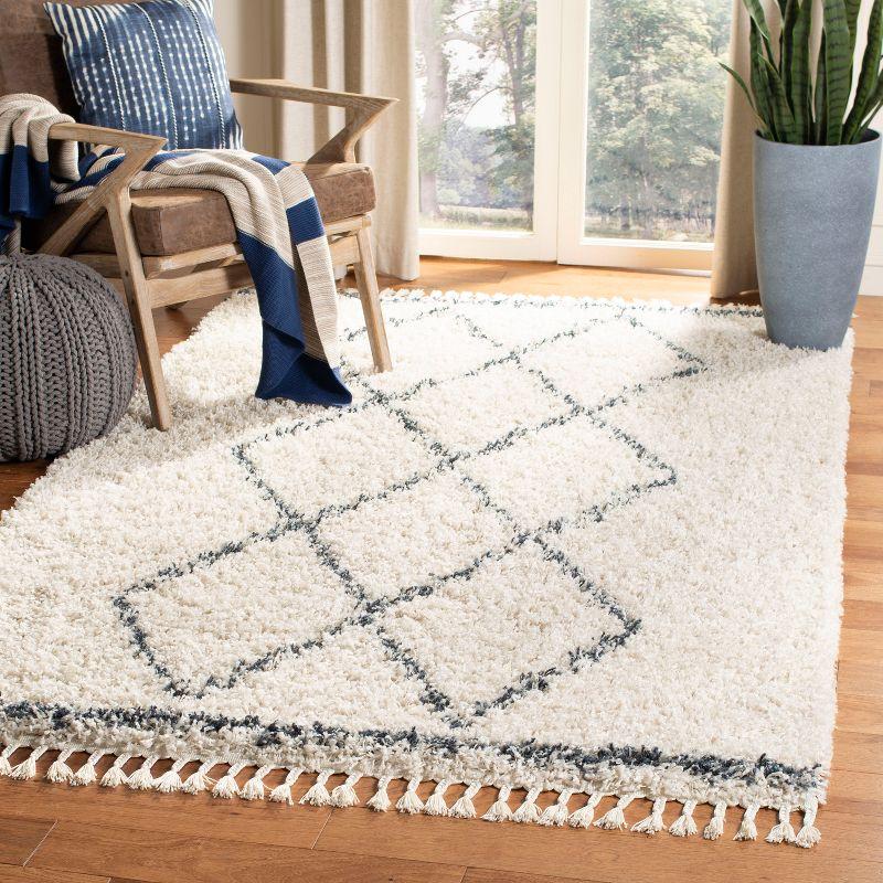 Off-White Geometric Hand-Knotted Shag Area Rug