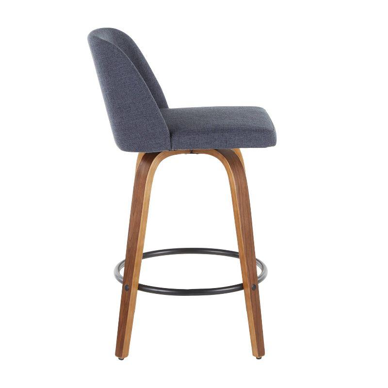 Set of 2 Toriano Mid-Century Modern Counter Height Barstools Walnut/Blue - LumiSource: Swivel, Polyester Upholstery, Wood Legs