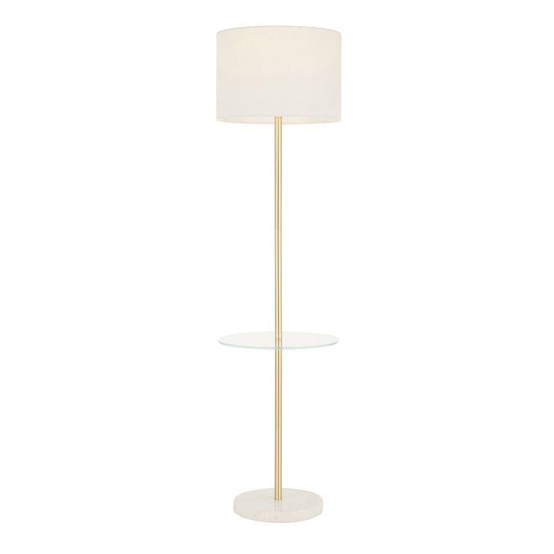 LumiSource Chloe Contemporary Shelf Floor Lamp with Marble Base Shelf and Linen Shade White (Includes LED Light Bulb) : Gold Neck, Round Glass Table