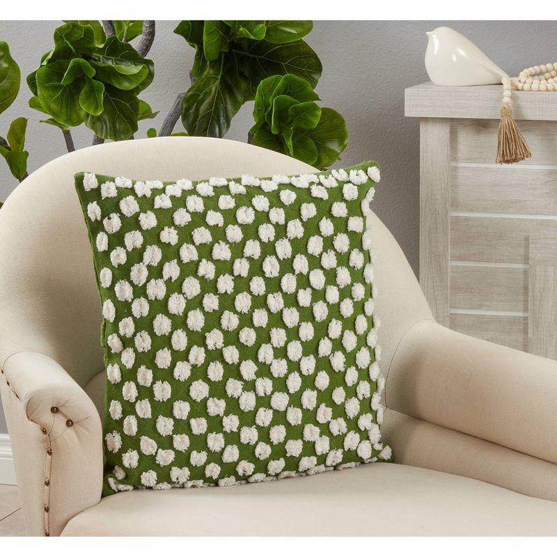 Green Cotton Tufted Pom-Pom Square Throw Pillow Cover