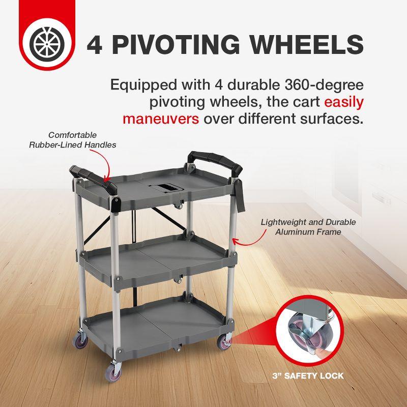 Elevon Aluminum Service Push Cart Portable Utility 3 Tier Collapsible Shelving Unit with Wheels for Home Office Organization, Gray