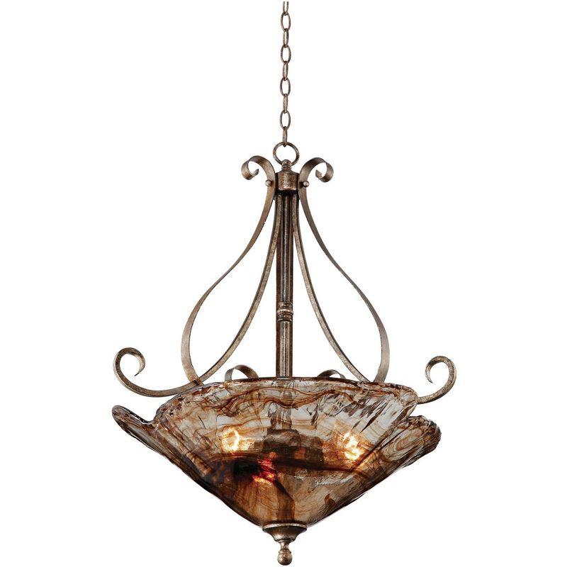 Franklin Iron Works Amber Scroll Golden Bronze Pendant Chandelier 24 3/4" Wide Rustic Art Glass Bowl 3-Light Fixture for Dining Room Kitchen Island