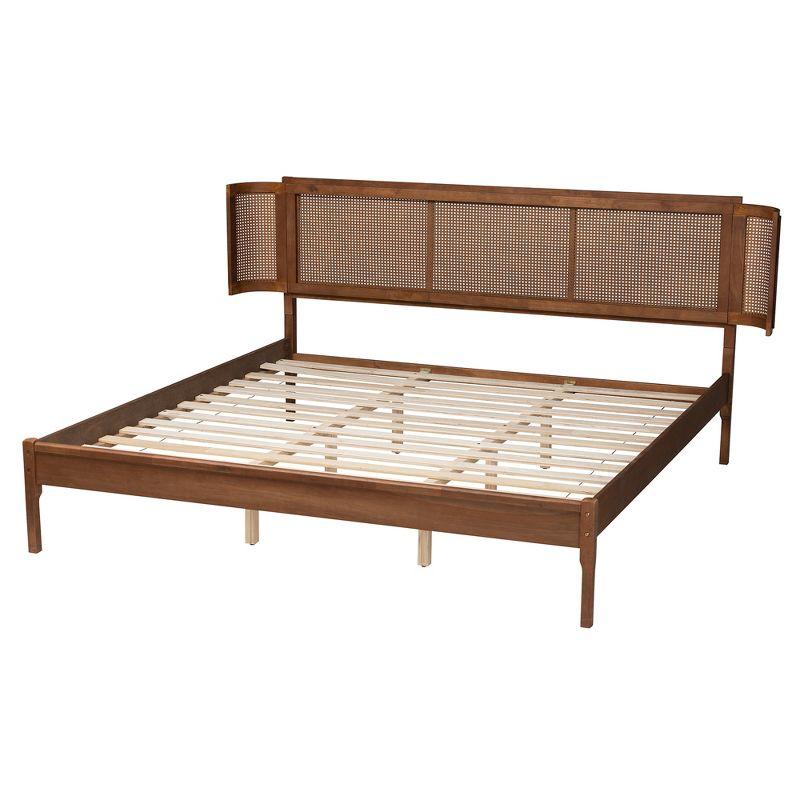 Baxton Studio Eridian Mid-Century Modern Walnut Brown Finished Wood and Natural Rattan King Size Platform Bed