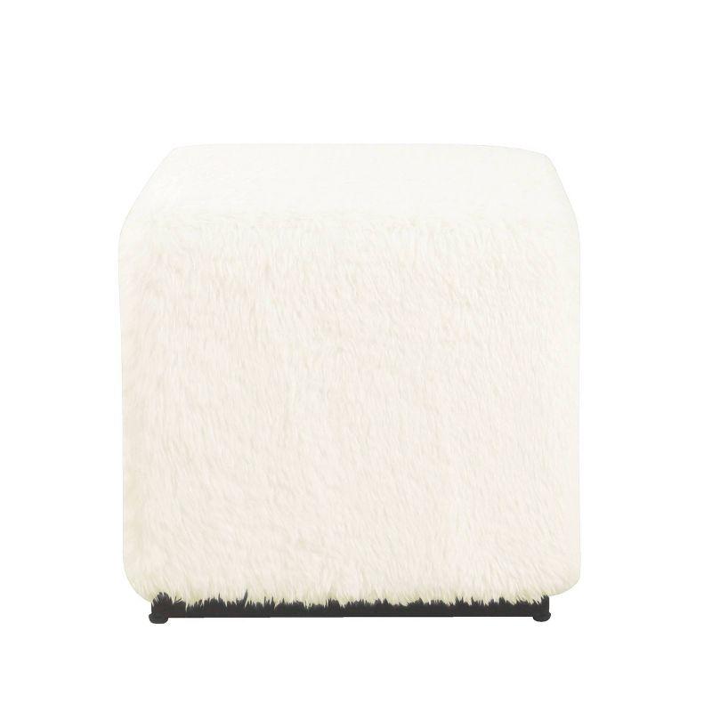 White Faux Fur Cube Ottoman with Metal Base