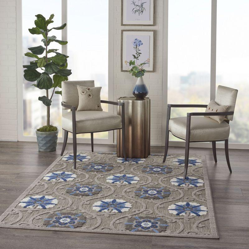 Nourison Aloha Contemporary Floral Flatweave High-Low Indoor Outdoor Area Rug Grey/Blue 3'6" x 5'6"