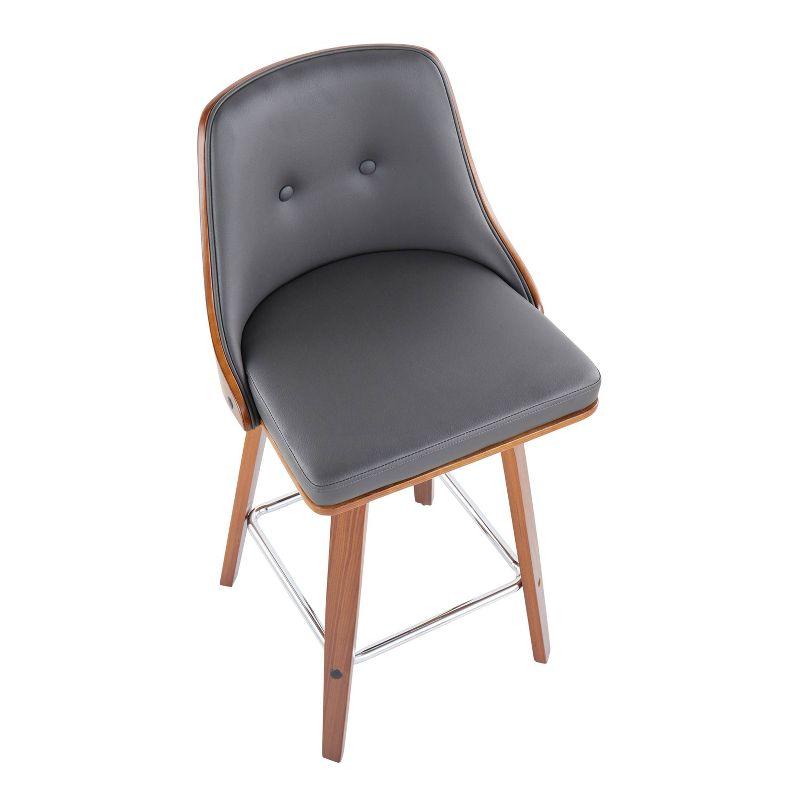 LumiSource Set of 2 Gianna Counter Height Barstools Walnut/Gray: Mid-Century Modern, Swivel, Faux Leather Upholstery