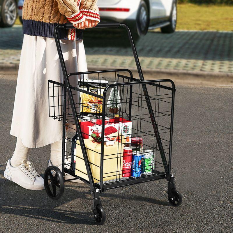 Folding Shopping Cart Jumbo Double Basket Grocery Cart with Wheels Black Silver