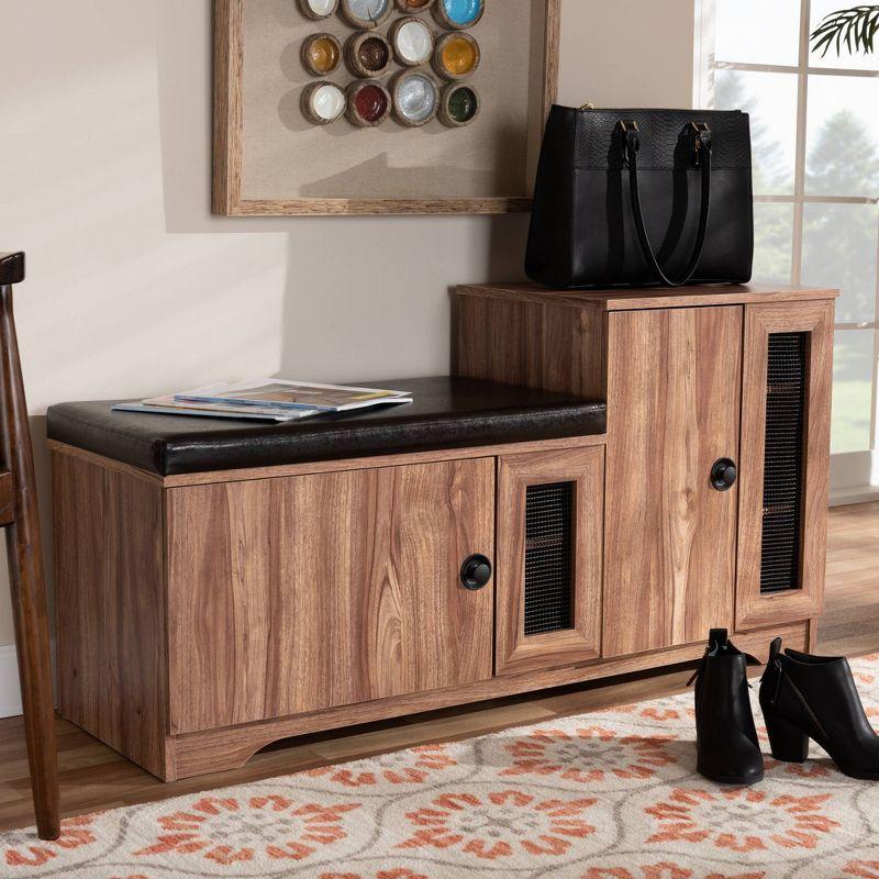 Dark Brown Faux Leather Oak Storage Bench with Cabinet