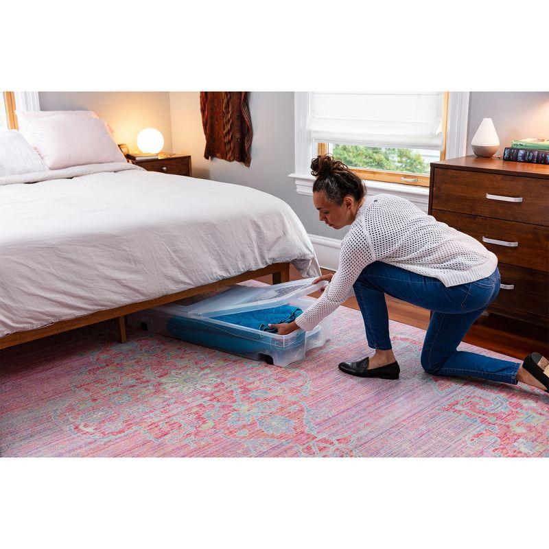 Rubbermaid 68 Quart Under the Bed Low Profile Storage Boxes with Dual Hinged Lids and Easy Rolling Caster Wheels, Clear, 2 Pack