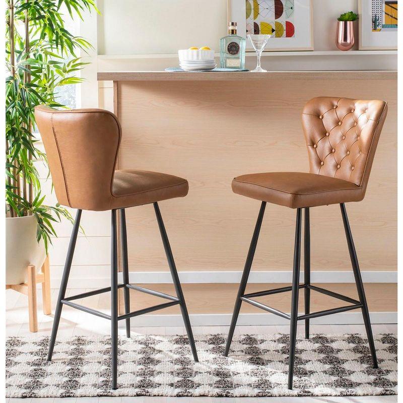 Aster 30"H Mid-Century Modern Leather Tufted Bar Stool (Set of 2) - FOX1703 - Camel - Safavieh Couture