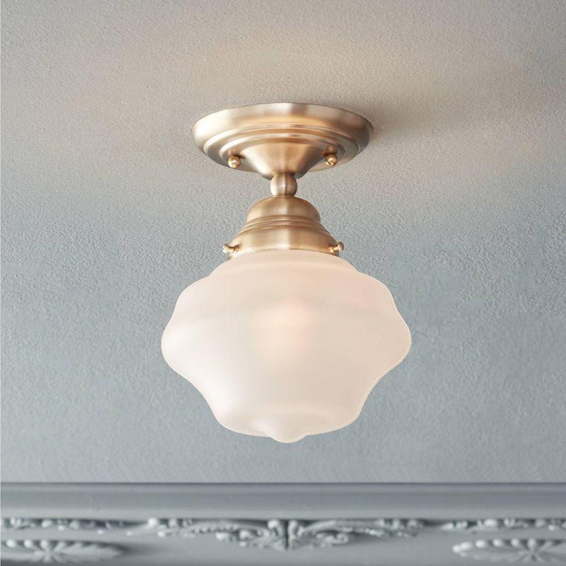 Regency Hill Schoolhouse Floating Modern Farmhouse Ceiling Light Semi Flush Mount Fixture 7" Wide Brass White Glass Shade for Bedroom Living Room Home