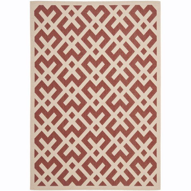 Red and Bone Geometric 4' x 5'7" Synthetic Indoor/Outdoor Rug