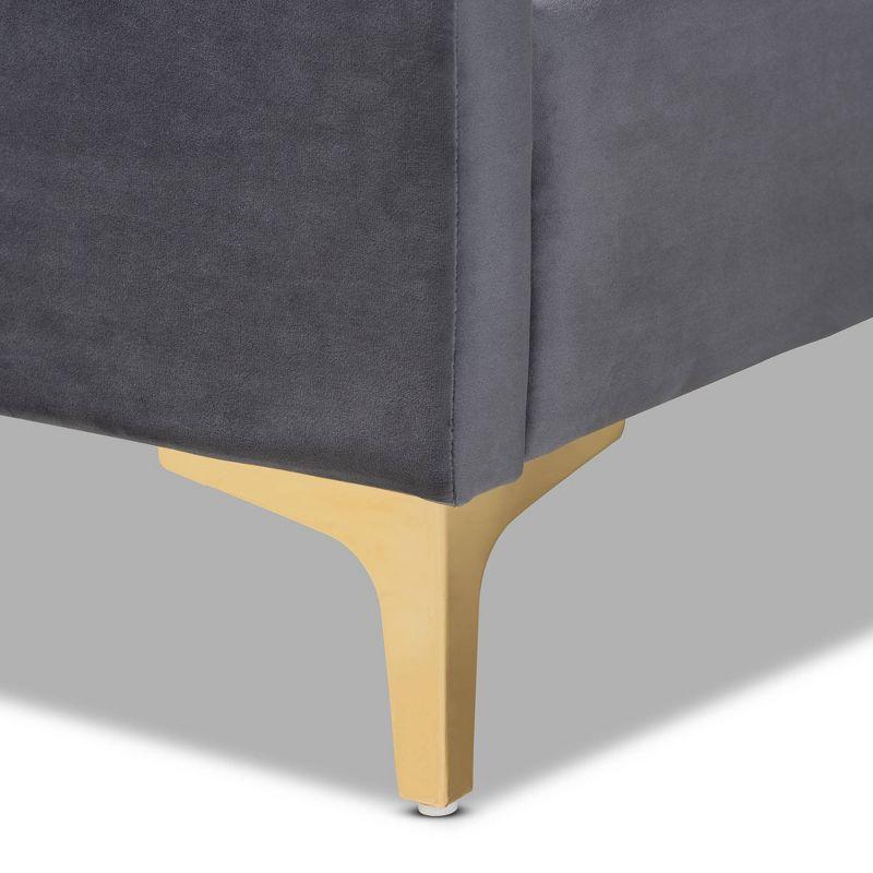 Queen Serrano Velvet Fabric Upholstered and Metal Platform Bed Gray/Gold - Baxton Studio: Channel Tufted, No Box Spring Needed