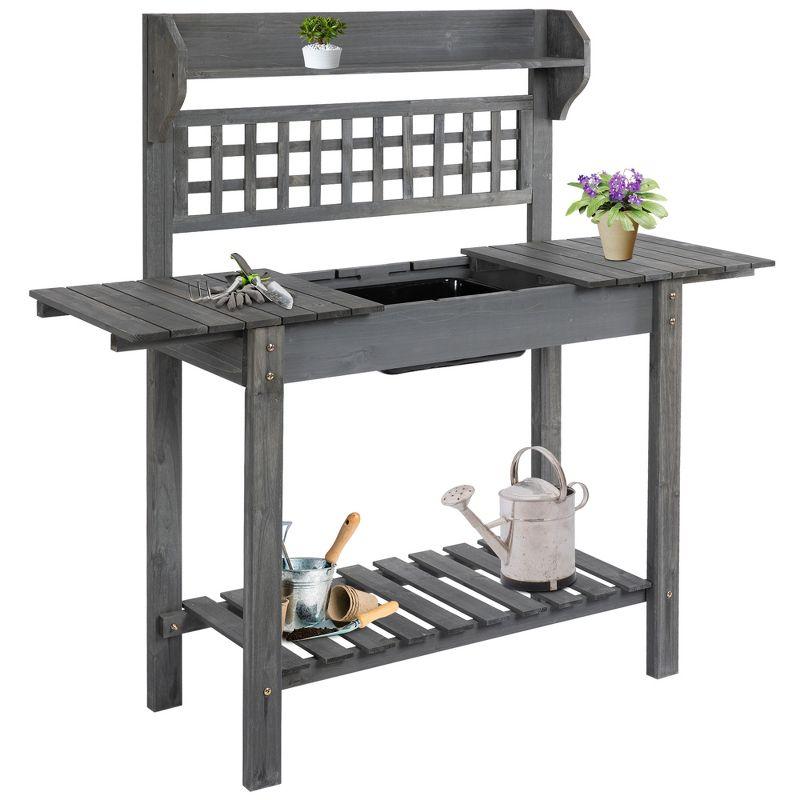 Outsunny 39'' Wooden Garden Potting Bench Work Table with Hidden Storage, Sliding Tabletop, Below Clapboard, Upper Shelf, Gray