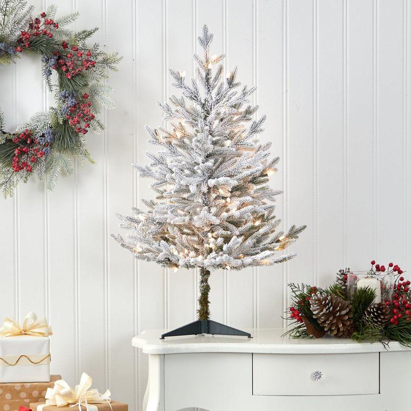 Nearly Natural 3-ft Flocked Fraser Fir Artificial Christmas Tree with 200 Warm White Lights and 481 Bendable Branches