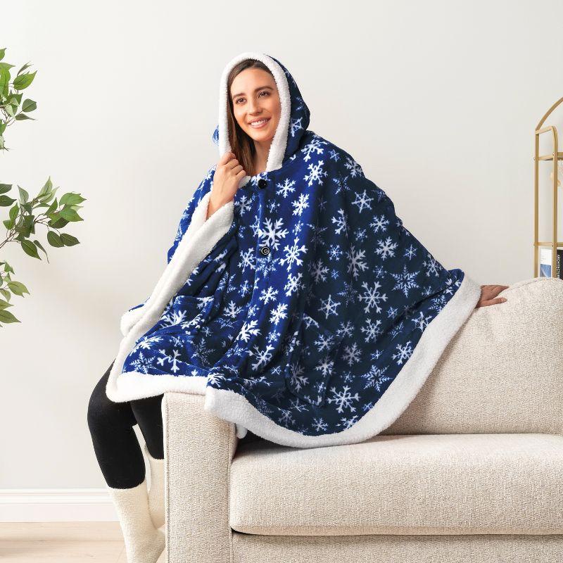 PAVILIA Angel Wrap Hooded Blanket for Women Adult, Wearable Cozy Wrap Throw Fleece Shawl Cape, Snowflake Blue/Faux Shearling