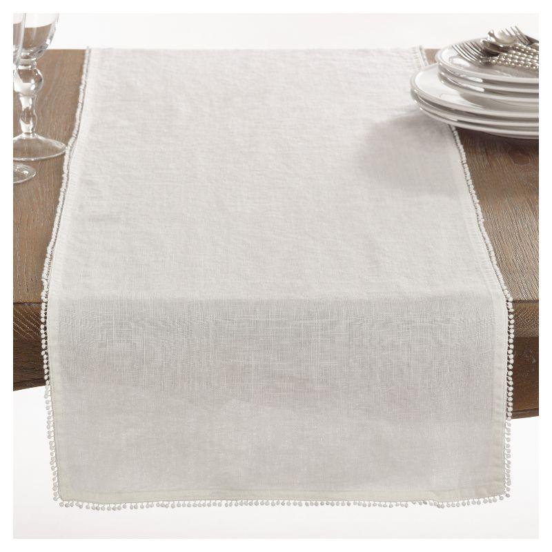 Ivory Linen Pompom Design Table Runner, 16 x 72 Inches