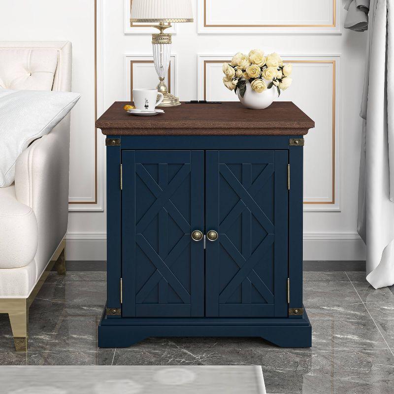 Navy and Dark Wood Farmhouse Side Table with Storage