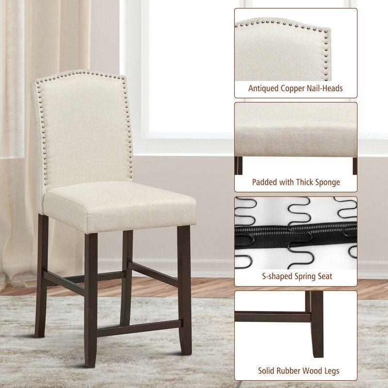 Costway Set of 2 Fabric Barstools Nail Head Trim Counter Height Dining Side Chairs Grey/Beige