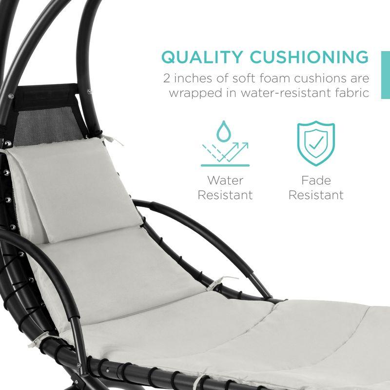 Best Choice Products Hanging Curved Chaise Lounge Chair Swing for Backyard, Patio w/ Pillow, Shade, Stand - White Sand