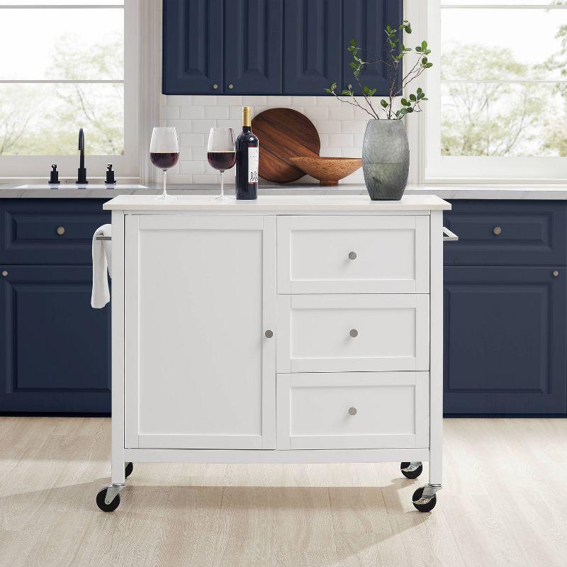 Crosley Soren Stone Top Kitchen Island/Cart White: Rolling Cart with Storage, 2 Shelves, 3 Drawers, Traditional Style