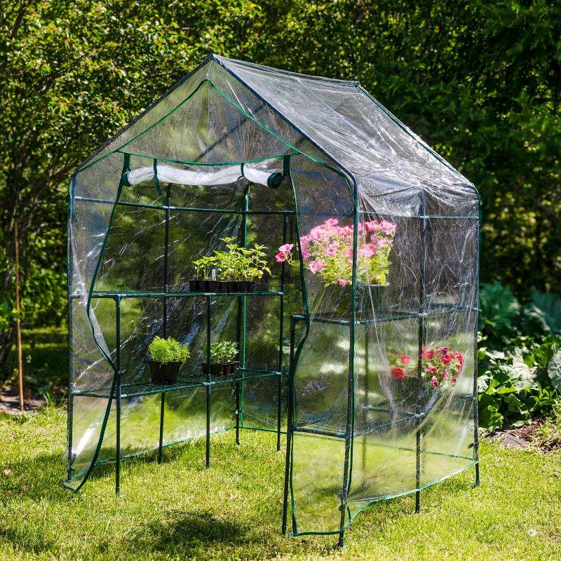 Sunnydaze Outdoor Portable Growing Rack Grandeur Mini Walk-In Greenhouse with Roll-Up Door - 4 Shelves - Clear