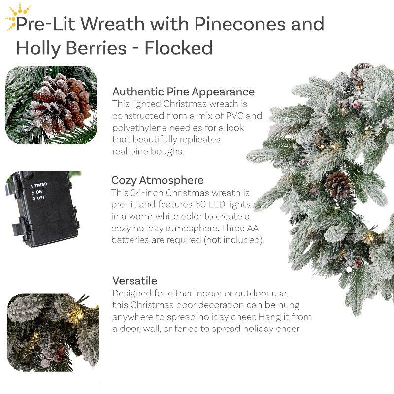 Sunnydaze 24" Diameter Indoor or Outdoor PVC Christmas Wreath with Pinecones and Berries - Flocked