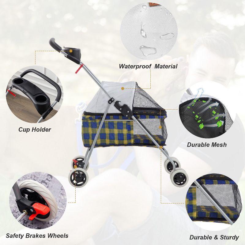 FDW 4 Wheels Pet Stroller Cat Dog Stroller Portable Folding Travel Carrier Strolling Cart Waterproof with Storage Basket,Mesh Windows, Yellow Plaid